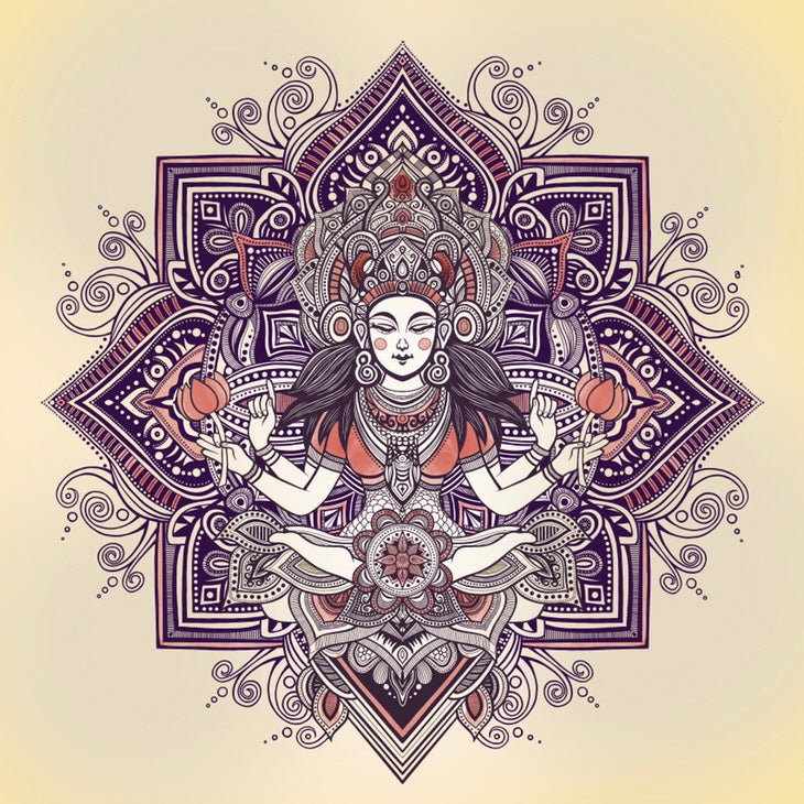 Lakshmi Hindu Goddess Mandala print - retro geometric zentangle tribal yoga Illustration nature print/poster