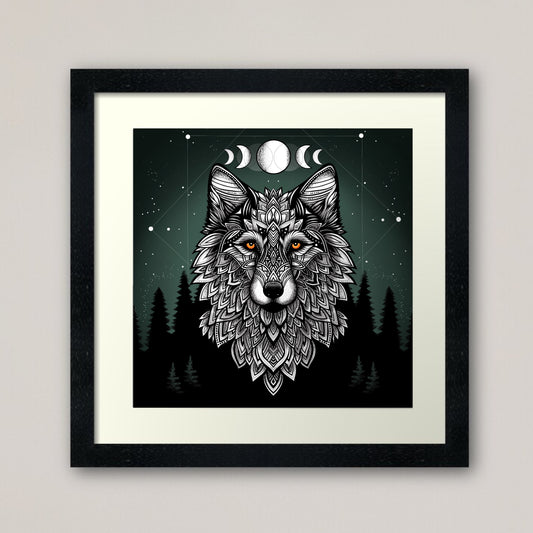 White Wolf print - retro geometric zentangle tribal animal Illustration nature print/poster
