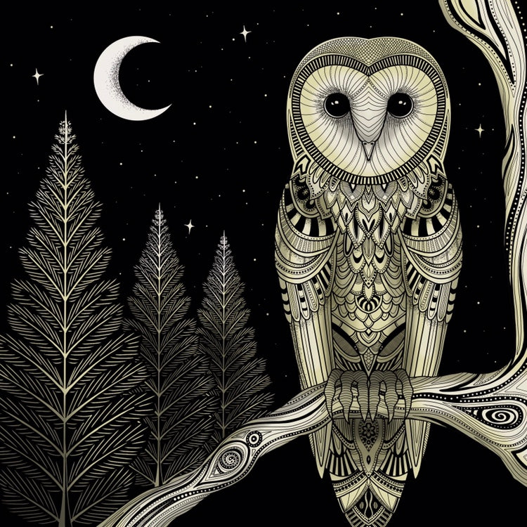Barn Owl print - retro geometric zentangle tribal animal Illustration nature print/poster