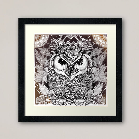 Cosmic Owl print - retro geometric zentangle tribal animal Illustration nature print/poster