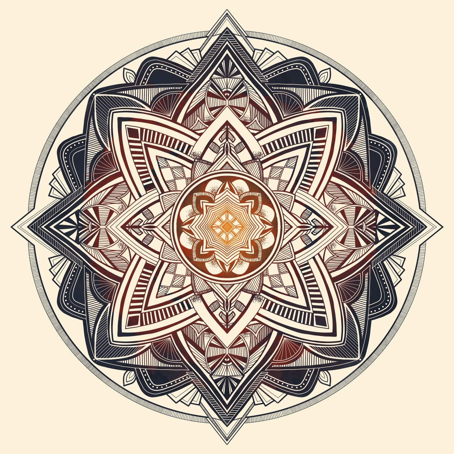 Fire Mandala print - retro geometric zentangle tribal yoga Illustration nature print/poster