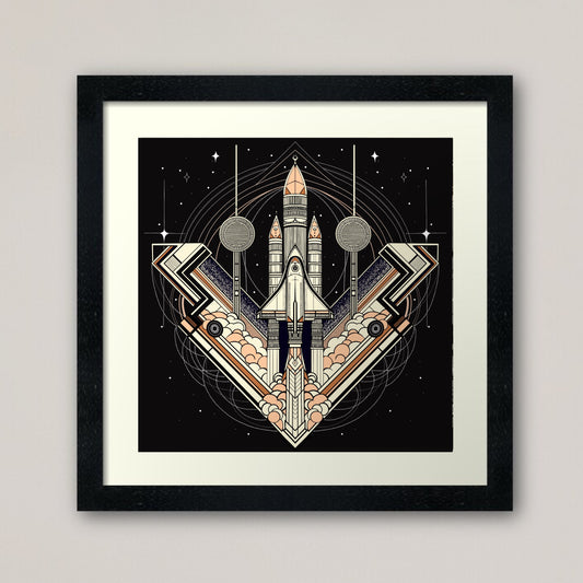 Rocket to Mars print - retro geometric zentangle Illustration space travel print/poster