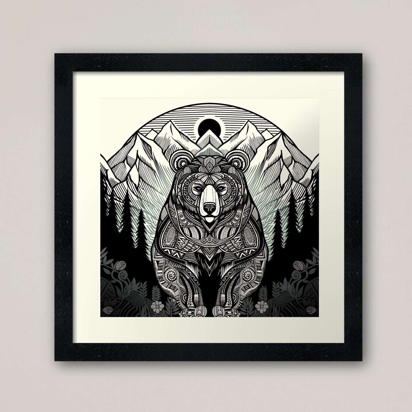 Bear in the Mountains print - retro geometric zentangle tribal animal Illustration nature print/poster
