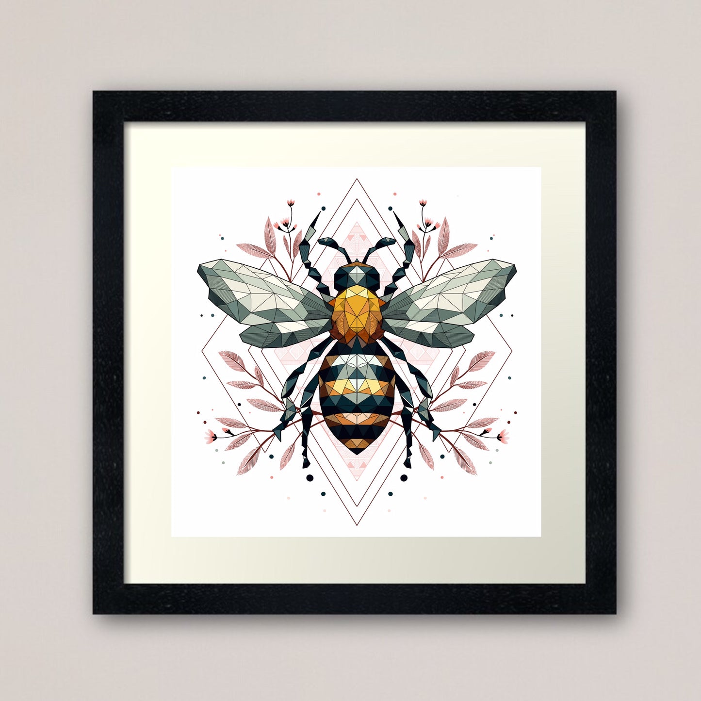Honeybee in the cherry blossom print - retro geometric zentangle bee insect Illustration nature print/poster