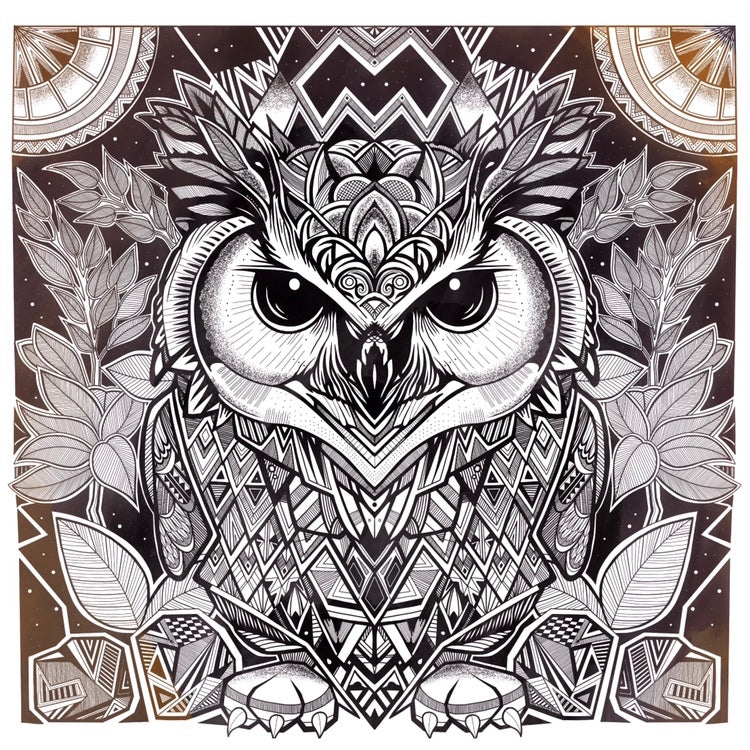 Cosmic Owl print - retro geometric zentangle tribal animal Illustration nature print/poster