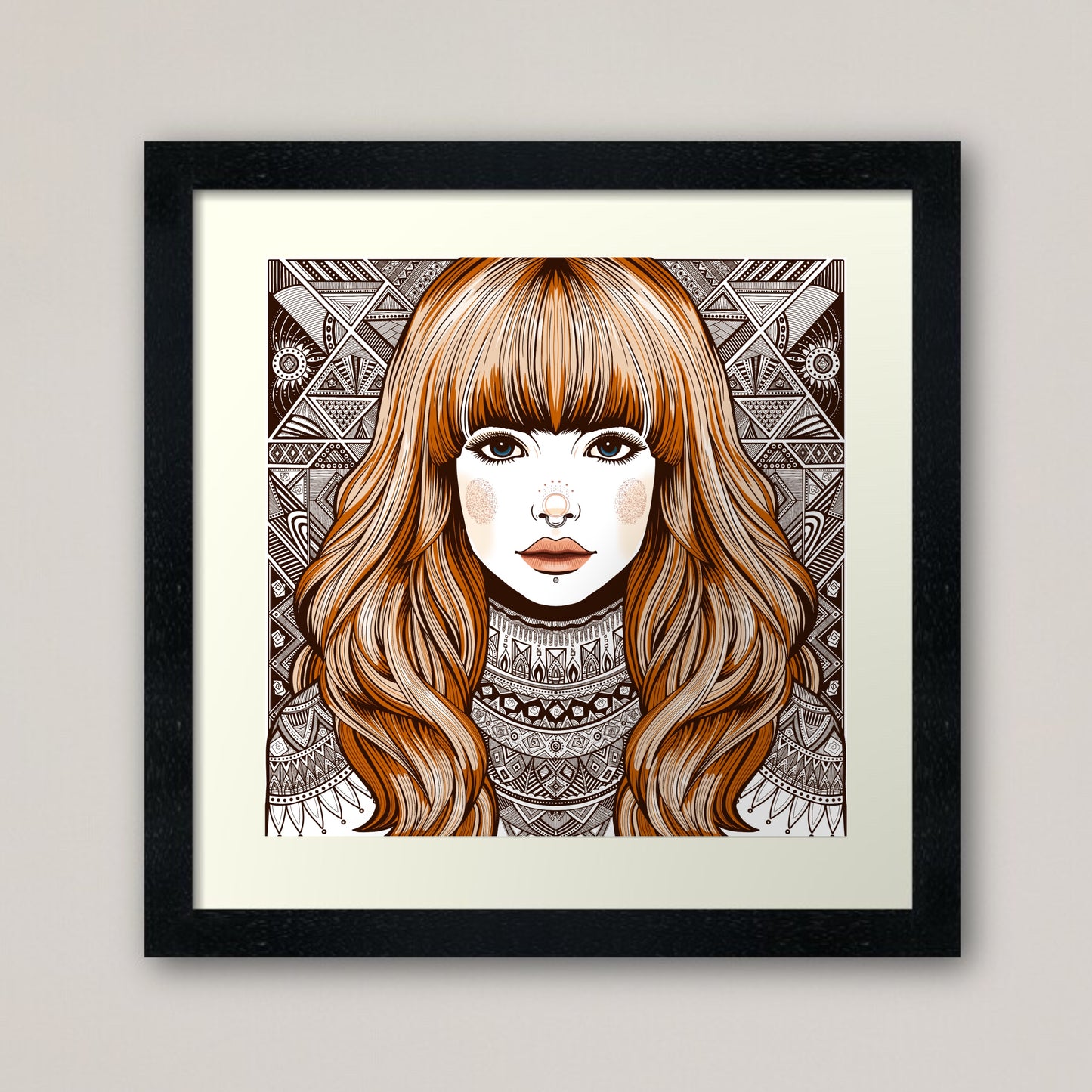 The Red Head print - retro geometric zentangle tribal ginger girl Illustration portrait print/poster