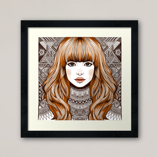 The Red Head print - retro geometric zentangle tribal ginger girl Illustration portrait print/poster