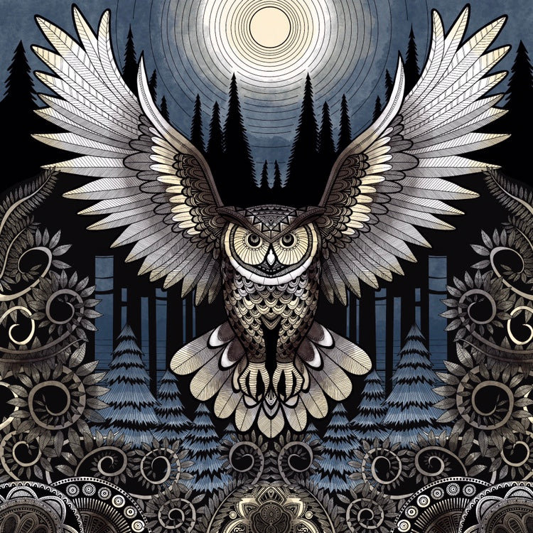 Owl in flight print - retro geometric zentangle tribal animal Illustration nature print/poster