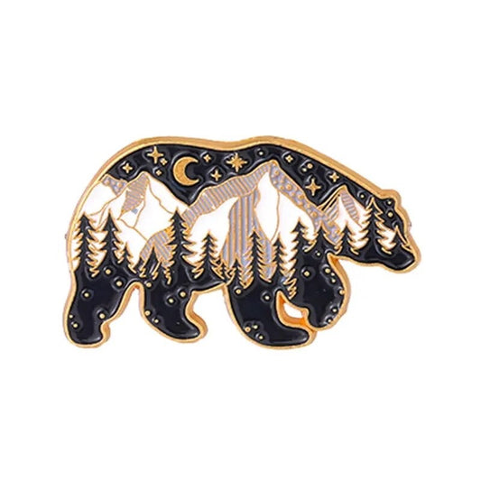 Mountain bear enamel pin -retro geometric zentangle tribal animal Illustration nature badge/brooch